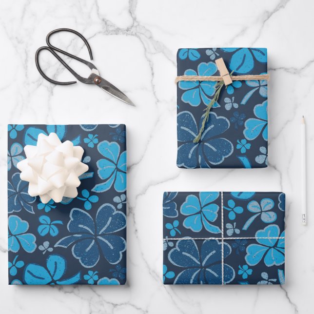 Feuille De Papier Cadeau Blue Lucky Shamrock Clover St Patrick`s Day (Recto)