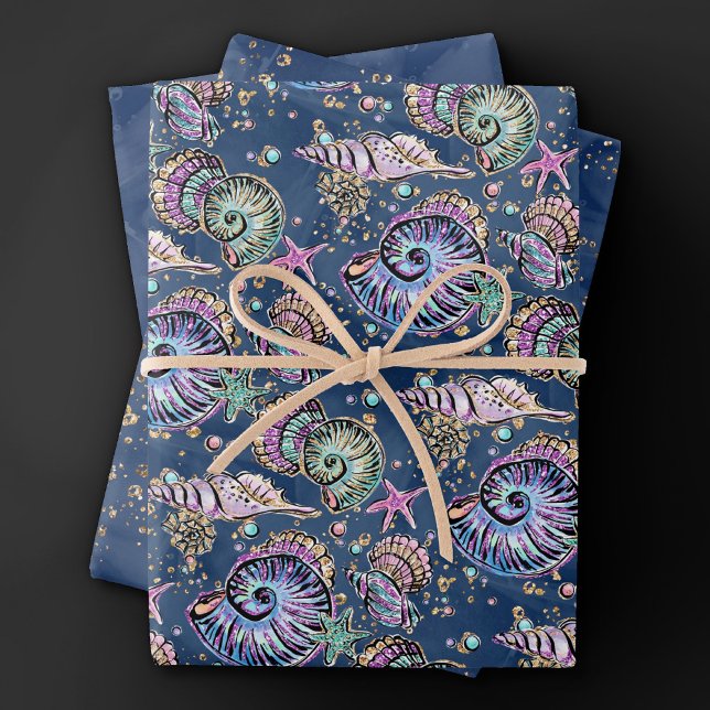 Feuille De Papier Cadeau Blue Luxe sous-marin | Coquillages d'or Pastel (Créateur téléchargé)