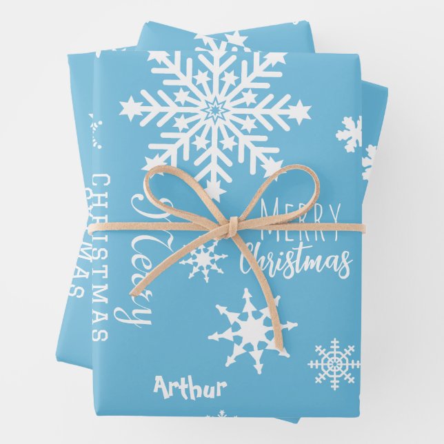 Feuille De Papier Cadeau Blue Modern Custom Nom Noël Fête neige (En situation)