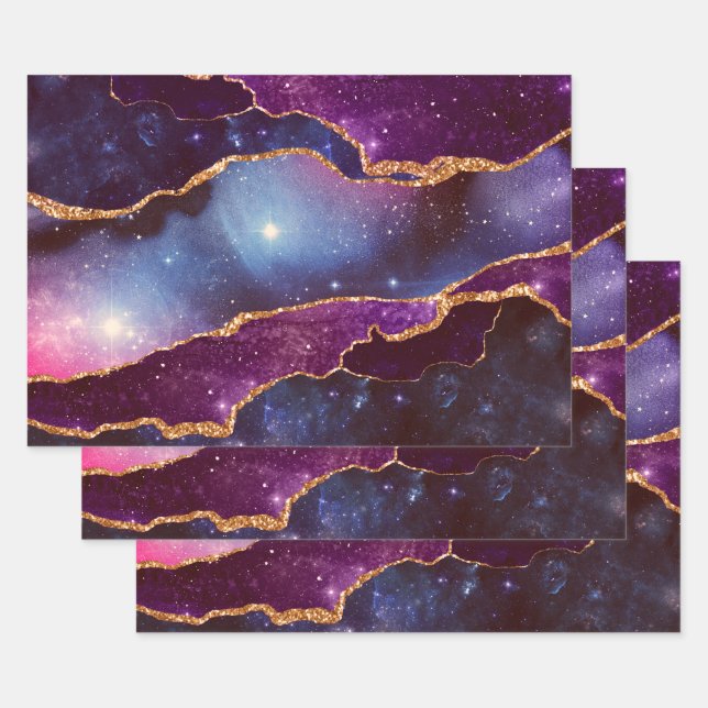 Feuille De Papier Cadeau Blue & Purple Space & Stars Agate moderne (Lot)