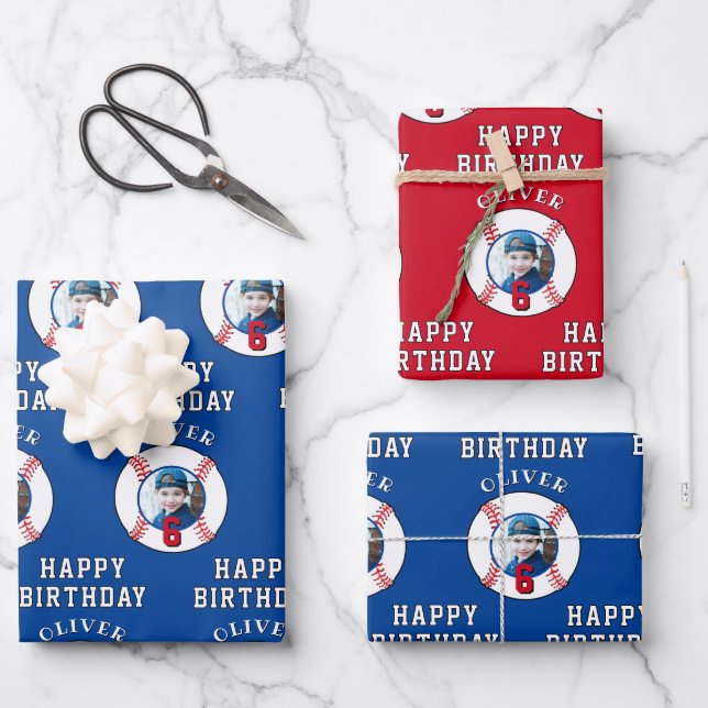 Feuille De Papier Cadeau Blue Red Baseball Ball Anniversaire de enfant Phot (Recto)
