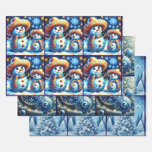 Feuille De Papier Cadeau Blue Snowman Arbre de Noël Baubles Découpage (Lot)