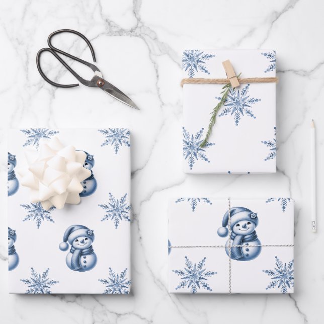 Feuille De Papier Cadeau Blue Snowmen Christmas  (Recto)
