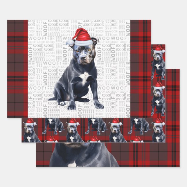 Feuille De Papier Cadeau Bluenose Pitbull Chien de Noël Rouge Grey Plaid (Lot)