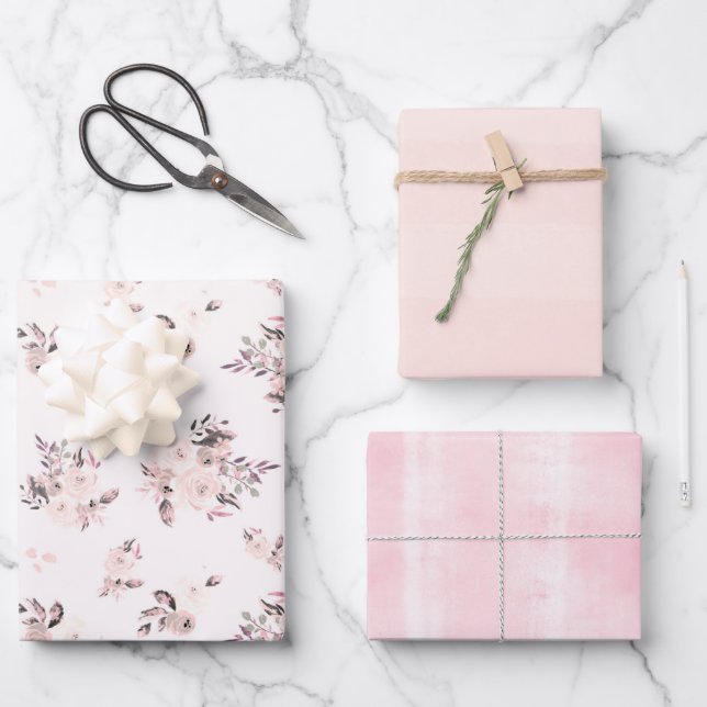 Feuille De Papier Cadeau Blush & Cream Aquarelle Florale et Rayures Subtile (Recto)
