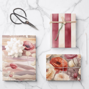 Feuille De Papier Cadeau Blush Crème Bourgogne Fleurs Mariage