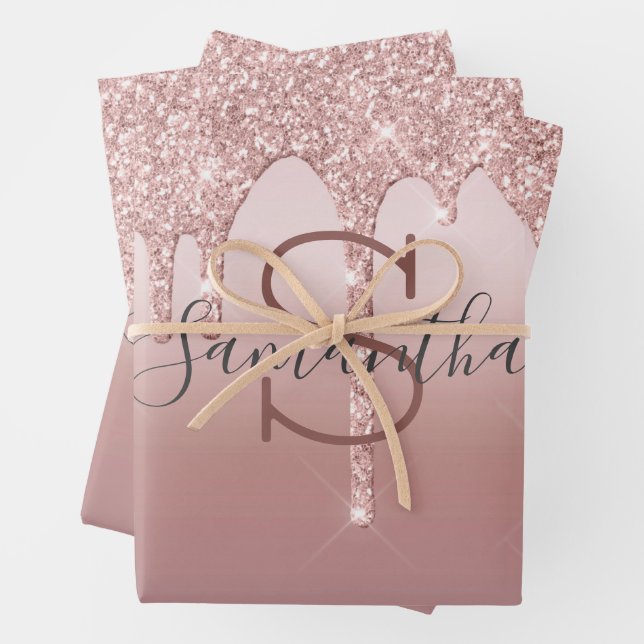 Feuille De Papier Cadeau Blush Rose Gold Glitter Drip Monogramme Tendance (En situation)