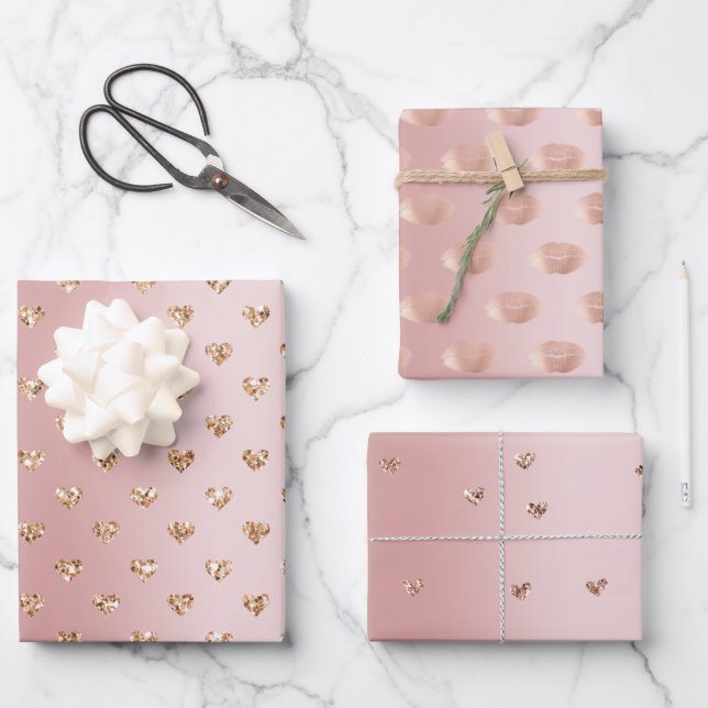 Feuille De Papier Cadeau Blush Rose Gold Parties scintillant Coeurs Baisers (Recto)