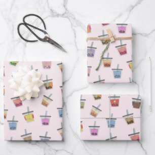 Feuille De Papier Cadeau Boba bulle thé coloré kawaii mignon motif
