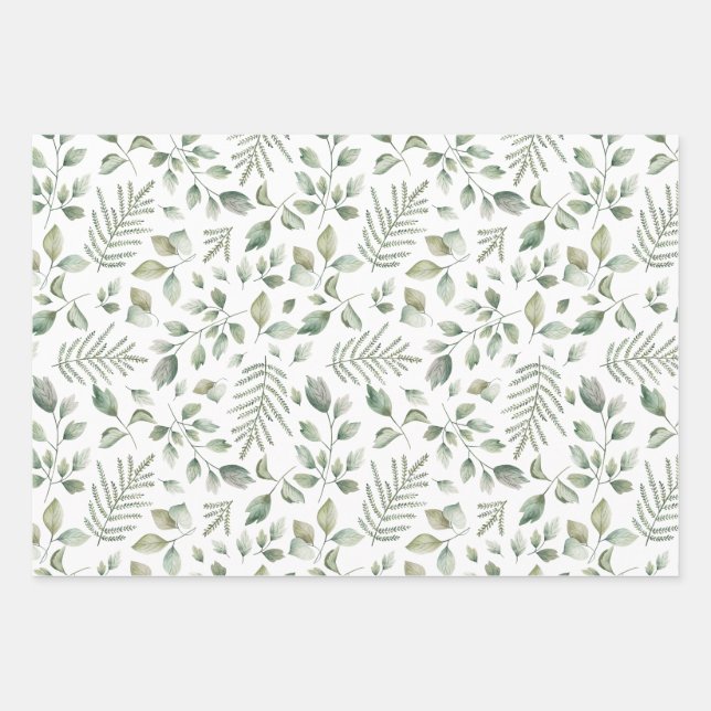 Feuille De Papier Cadeau Bohème Aquarelle Eucalyptus et Motif de fougères (Devant)