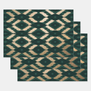 Feuille De Papier Cadeau Bohême Gold Forest Green Ikat Motif