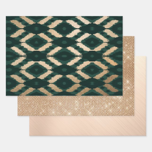 Feuille De Papier Cadeau Bohême Gold Forest Green Ikat Motif (Lot)