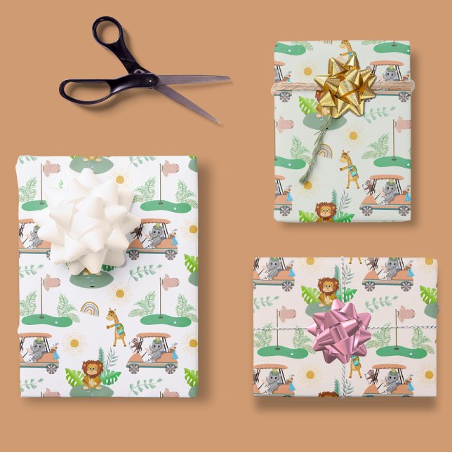 Feuille De Papier Cadeau Boho Baby Elephant, Singe, Lion Golf Baby Motif (Créateur téléchargé)