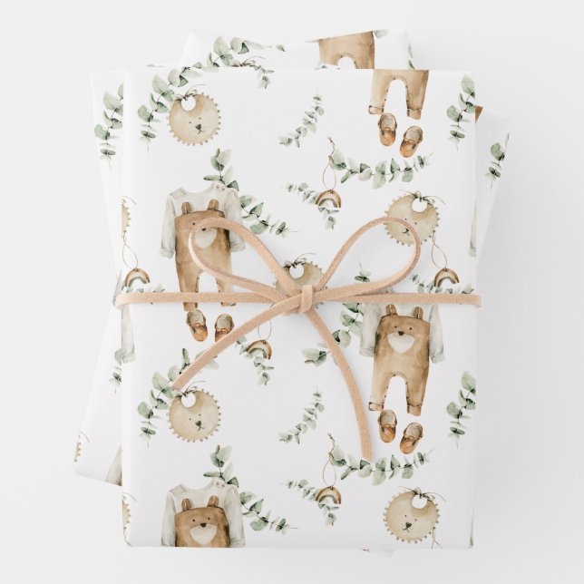 Feuille De Papier Cadeau Boho Baby Rainbows Bibs Botanical Green Motif (En situation)