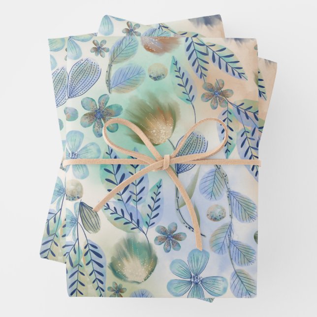 Feuille De Papier Cadeau Boho bleu vert floral botanique fantaisiste  (En situation)