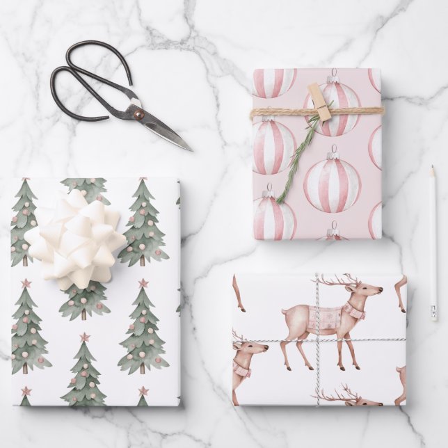 Feuille De Papier Cadeau Boho Blush Pink Green Arbre de Noël Reinder (Recto)
