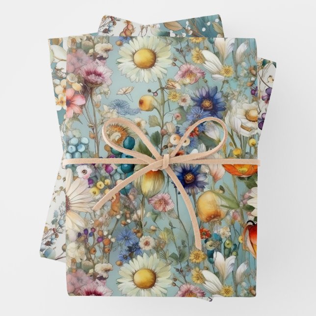 FEUILLE DE PAPIER CADEAU BOHO ÉTÉ FLEUR SAUVAGE FLORAL (En situation)