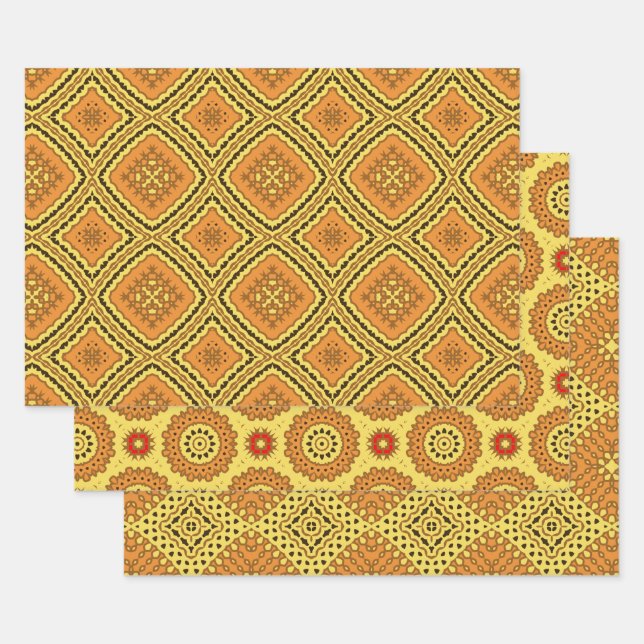 Feuille De Papier Cadeau Boho ethnique jaune orange Motifs géométriques (Lot)