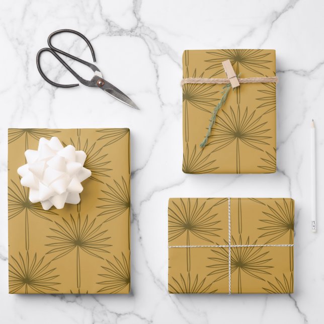 Feuille De Papier Cadeau Boho Fan Palm Leaf Ligne Botanique Dessin Mustard (Recto)