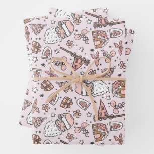 Feuille De Papier Cadeau Boho Girly Pink Père Noël Doodles de Noël