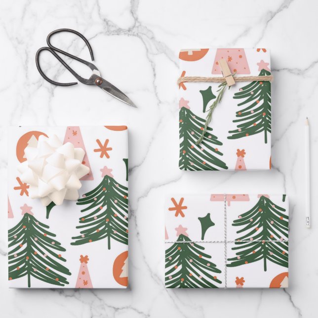 Feuille De Papier Cadeau Boho Green Rose Orange Arbres de Noël (Recto)