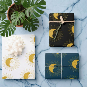 Feuille De Papier Cadeau Boho Line Sun et Moon Art Golden Variété Pack