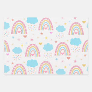 Feuille De Papier Cadeau Boho motif arc-en-ciel avec nuages pastel
