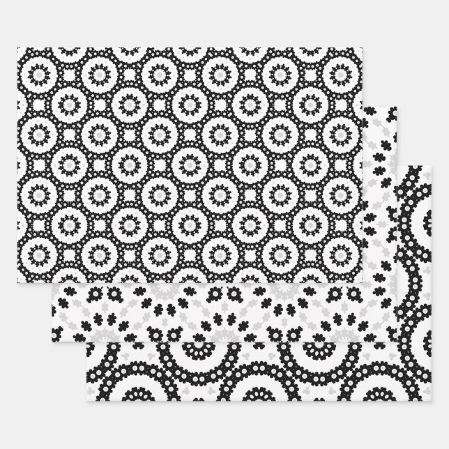 Feuille De Papier Cadeau Boho noir blanc et gris Mosaïque Motifs géométriqu (Lot)