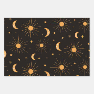 Feuille De Papier Cadeau Boho orange soleil et motif de lune