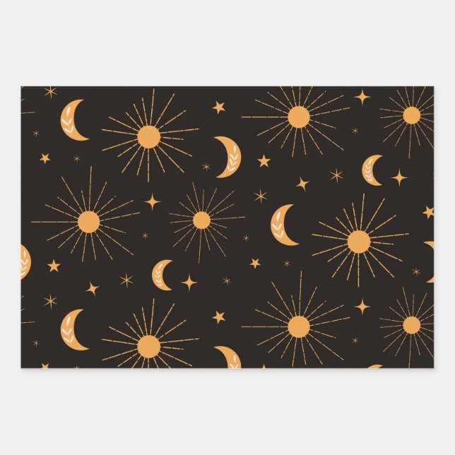 Feuille De Papier Cadeau Boho orange soleil et motif de lune (Devant)