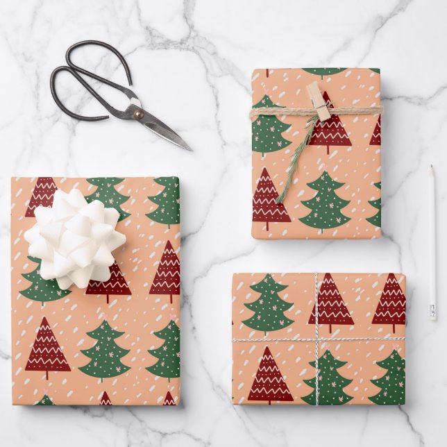 Feuille De Papier Cadeau Boho Peach Red Green Noël Trees de Noël (Recto)