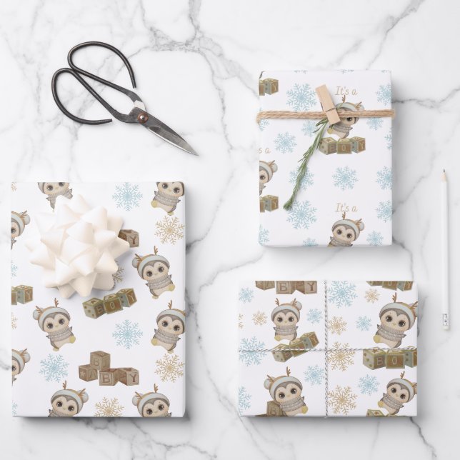 Feuille De Papier Cadeau Boho Penguin Baby Boy (Recto)
