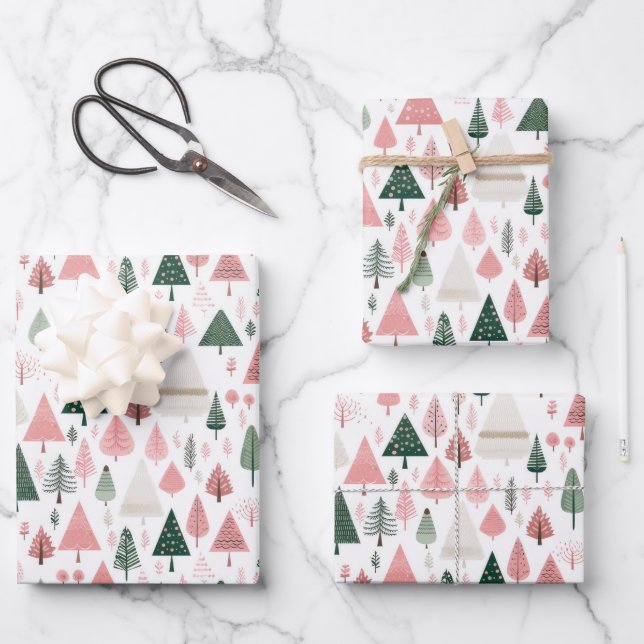 Feuille De Papier Cadeau Boho Pink Green Whimsical Arbres de Noël saisonnie (Recto)