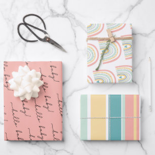 Feuille De Papier Cadeau Boho Rainbow Baby Genre Neutre "Hello Baby" Envelo