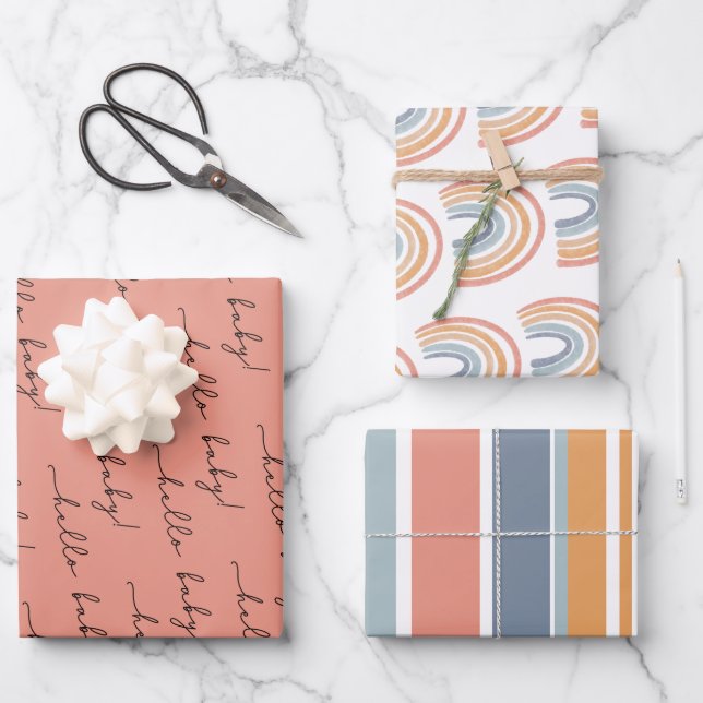 Feuille De Papier Cadeau Boho Rainbow Baby Genre Neutre "Hello Baby" Envelo (Recto)