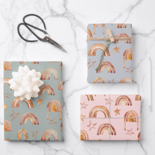 Feuille De Papier Cadeau Boho Rainbow Stars Baby shower bleu rose vert