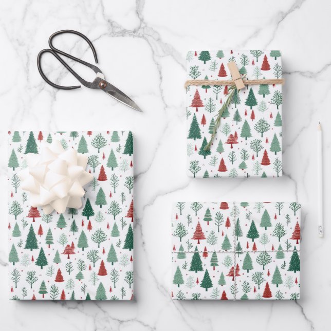 Feuille De Papier Cadeau Boho Red Green Noël Arbres vacances (Recto)