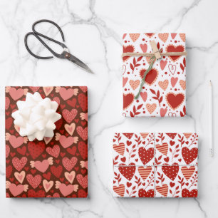 Feuille De Papier Cadeau Boho Red Pink Valentine Hearts Motif Set 2