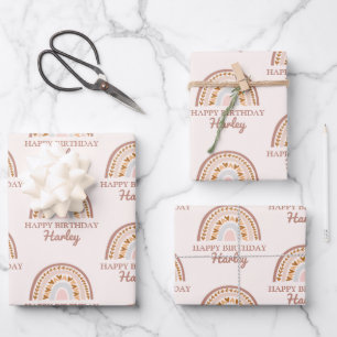 Feuille De Papier Cadeau Boho rose Brown arc-en-ciel Nom personnalisé Anniv