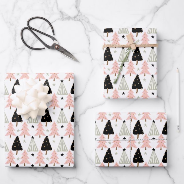 Feuille De Papier Cadeau Boho rose vert noir Noël Arbre de Noël (Recto)