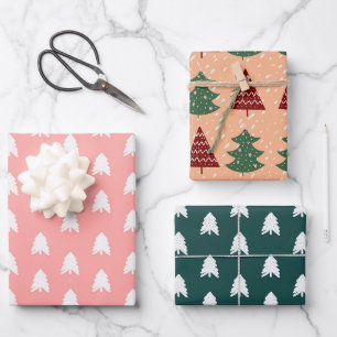 Feuille De Papier Cadeau Boho Rose Vert Rouge Blanc Noël Arbres de Noël Vac
