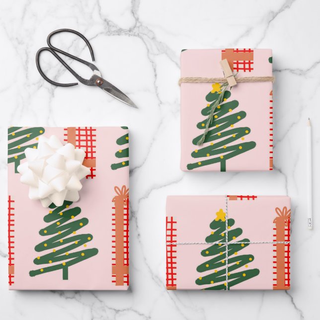Feuille De Papier Cadeau Boho Rose Vert Rouge Noël Arbres de Noël Fêtes (Recto)