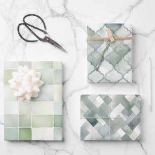 Feuille De Papier Cadeau Boho Vert Sauge Motifs Géométriques Aquarelle