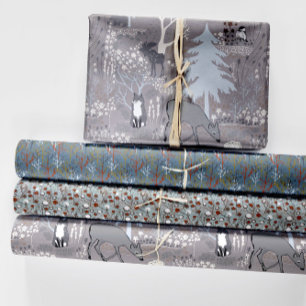 Feuille De Papier Cadeau Bois Animaux Bois d'hiver Bois d'écorce