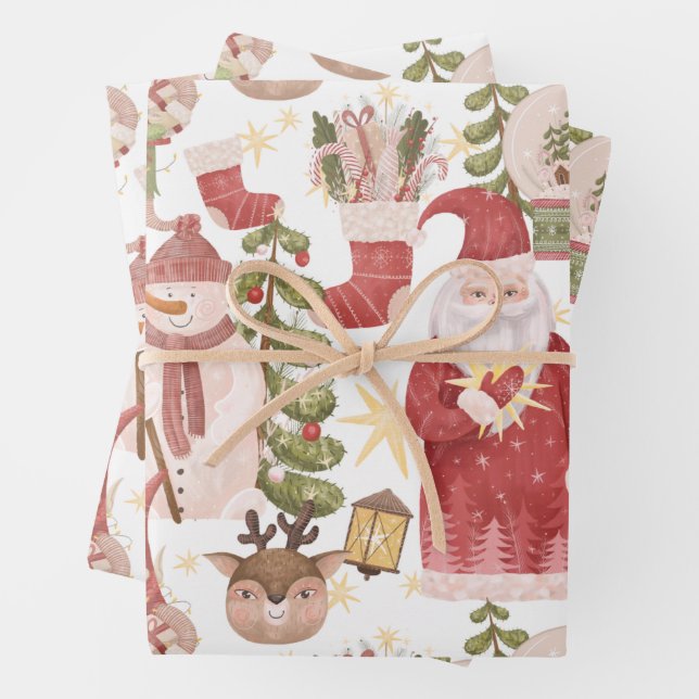 Feuille De Papier Cadeau Bois aquarelle Noël Père Noël, Snowman (En situation)