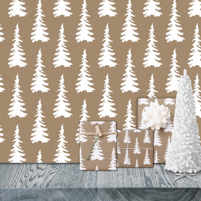 Feuille De Papier Cadeau Bois blanc rustique Kraft Arbres d'épinette de Noë (Rustic Kraft White Woodland Christmas Trees Holiday Wrapping Paper Sheets Trio)