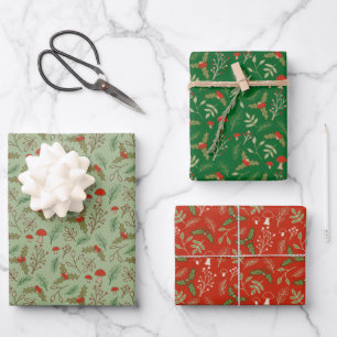 Feuille De Papier Cadeau Bois de Noël Rouge, Pin et Céladon