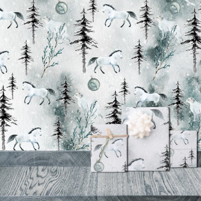 Feuille De Papier Cadeau Bois hivernal neige Cheval blanc et renard arctiqu (Snowy Winter Woodland White Horse & Arctic Fox Christmas Holiday Wrapping Paper Sheets Trio)