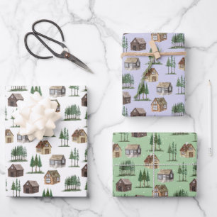 Feuille De Papier Cadeau Bois Rustique Cottage Pine Arbre Neige Noël