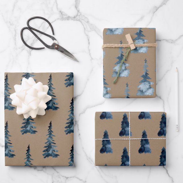 Feuille De Papier Cadeau Bois rustique d'hiver Kraft Arbres d'épinette bleu (Recto)